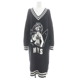 【中古】ヒステリックグラマー HYSTERIC GLAMOUR 22AW GUITARGIRL編込ワンピース ニット ロング 長袖 Vネック F 黒 ブラック オフホワイト /DO ■OS ■SH レディース 【ベクトル 古着】 240402