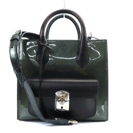 【中古】バレンシアガ BALENCIAGA 319499 パドロックミニバッグ オールアフタヌーン ハンドバッグ ショルダーバッグ 2way 斜め掛け エナメルレザー バイカラー ミラー付き ダークカーキ 黒 ブラック /YO24 ■OH レディース 【ベクトル 古着】 240416