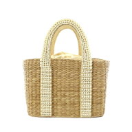 【中古】アナトリエ ANATELIER かごバッグ ハンドバッグ ベージュ パール装飾 かご編み 巾着開閉 ラフィ…