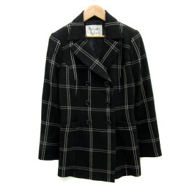 【中古】プライベートレーベル Private label オープンカラージャケット ミドル丈 総裏地 ダブルボタン チェック柄 ウール M ブラック 黒 /MS24 レディース 【ベクトル 古着】 230824