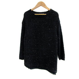 【中古】ザラ ZARA KNIT ニット カットソー 長袖 ラウンドネック 総柄 スパンコール オーバーサイズ M 紺 ネイビー /YS33 レディース 【ベクトル 古着】 231109