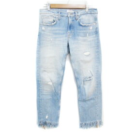 【中古】ザラウーマン ZARA WOMAN デニムパンツ ジーンズ テーパードパンツ ロング丈 ダメージ加工 フリンジ ロゴ刺? 36 水色 ライトブルー /FF7 レディース 【ベクトル 古着】 240215