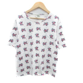 【中古】ローラアシュレイ LAURA ASHLEY Tシャツ カットソー ラウンドネック 半袖 花柄 ドット柄 L オフホワイト 紺 ネイビー /HO46 レディース 【ベクトル 古着】 240311