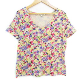 【中古】ローラアシュレイ LAURA ASHLEY Tシャツ カットソー 半袖 Vネック 花柄 マルチカラー L ベージュ 黒 ブラック /FF43 レディース 【ベクトル 古着】 240307