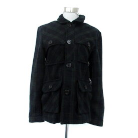 【中古】シンプリシテェ SIMPLICITE PLUS ジャケット ステンカラー ミドル丈 チェック柄 ウール混 M モスグリーン 紺 ネイビー /HO4 レディース 【ベクトル 古着】 250808