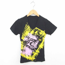 【中古】ロエン Roen トーマス コラボ Tシャツ カットソー Vネック プリント 綿 コットン 半袖 XS 黒 ブラック /TT41 レディース 【ベクトル 古着】 200420 ブランド古着ベクトルプレミアム店