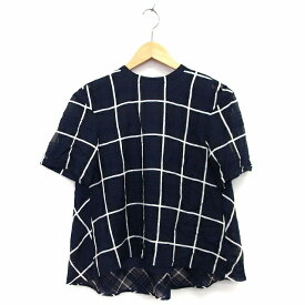 【中古】ロペ ROPE カットソー Tシャツ チュニック 五分袖 丸首 背あき ロングテール チェック 柄 透け感 綿混 36 ブラック 黒 ネイビー 紺 /HT17 レディース 【ベクトル 古着】 220804