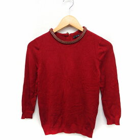 【中古】ザラ ZARA KNIT ニット セーター 七分袖 丸首 金具装飾 無地 S レッド 赤 /FT10 レディース 【ベクトル 古着】 221107