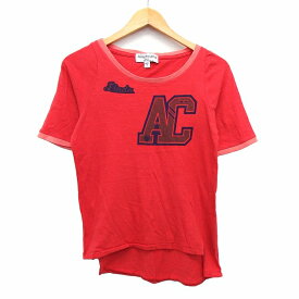 【中古】アメリカーナ AMERICANA Tシャツ カットソー チュニック プリント ライン 切替リブ 半袖 丸首 ロングテール コットン 綿 レッド オレンジ 朱 /HT8 レディース 【ベクトル 古着】 230524