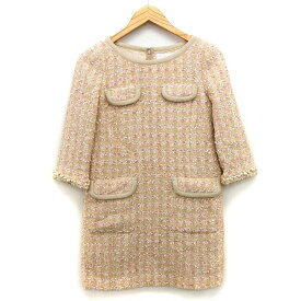 【中古】ジルスチュアート JILL STUART ツイード ワンピース Iライン ミニ ラメ混 パール装飾 ライン 七分袖 丸首 ウール混 2 ベージュ /HT19 レディース 【ベクトル 古着】 240111