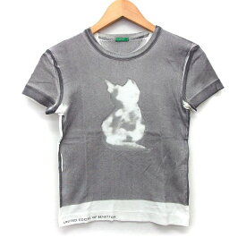 【中古】ユナイテッド・カラーズ・オブ・ベネトン UNITED COLORS OF BENETTON Tシャツ カットソー 猫プリント ロゴ 切替リブ 半袖 丸首 コットン 綿 アイボリー 白 グレー 灰 /HT9 レディース 【ベクトル 古着】 240208