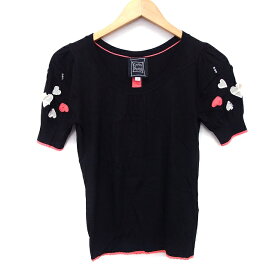 【中古】シンシアローリー CYNTHIA ROWLEY カットソー Tシャツ 装飾 ハート リボン ビジュー ライン 飾りボタン 切替リブ 半袖 丸首 綿混 2 ブラック 黒 /HT10 レディース 【ベクトル 古着】 240301