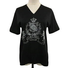 【中古】アルチザン ARTISAN Tシャツ カットソー プルオーバー Vネック プリント ラメ 半袖 M 黒 銀 ブラック シルバー レディース 【ベクトル 古着】 250804