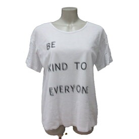 【中古】イッカ ikka Tシャツ カットソー Uネック チュール プリント 半袖 L 白 ホワイト 黒 ブラック /MS レディース 【ベクトル 古着】 250407