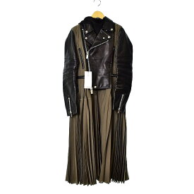 【中古】未使用品 サカイ sacai 21AW コート ダブル ライダース ジャケット ドッキング ワンピース ロング プリーツ レザー 1 カーキ 黒 ブラック 21-05642 レディース 【ベクトル 古着】 230111