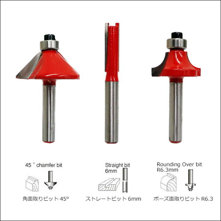 トリマービット 12本セット 軸径6mm 超硬 ルーター 木工 面取り 赤