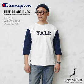 【あす楽】今なら20%OFF★Champion チャンピオン C3-R414 V44 3/4スリーブベースボールTシャツ 日本製【クーポン対象外】｜メンズ レディース トップス 7分袖 カレッジTシャツ カレッジロゴ イエール YALE 大学 ネイビー アメカジ おしゃれ 秋 冬 送料無料