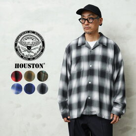 クーポンで最大15%OFF★HOUSTON ヒューストン 40989 OMBRE L/S CHECK SHIRT ロングスリーブ オンブレチェック シャツ【T】｜メンズ 長袖シャツ カジュアル 大きいサイズ 開襟シャツ 薄手 トップス ゆったり ブランド おしゃれ 父の日