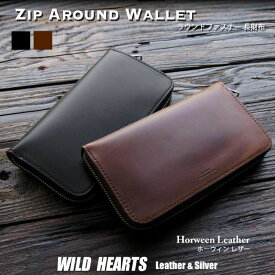 ホーウィン クロムエクセル 長財布 ラウンドファスナー レザー 本革 ウォレット 日本製 Horween Chromexcel Leather Zip Around Wallet Purse Brown Black WILD HEARTS Leather&Silver(ID lw4227)