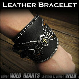 レザーブレスレット リストバンド コンチョ付き 牛革 Leather Biker Wrist Band Single BraceletWILD HEARTS Leather&Silver (ID lb1194r1)