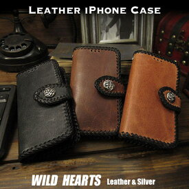 送料無料 iPhoneケース スマホケース 手帳型 馬革 スマホカバー ビンテージ加工 3色 コンチョ付き Genuine Leather Wallet Card Holder Cover Flip Case for iPhone Horsehide 3 Colors WILD HEARTS Leather&Silver (ID ip3749)
