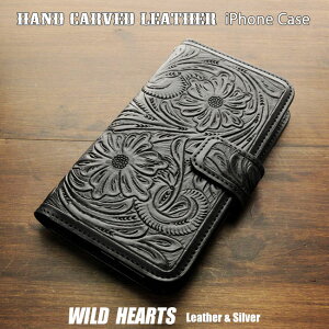 iPhone�P�[�X �X�}�z�P�[�X �蒠�^ ���U�[�P�[�X �J�[�r���O �n���h���C�h �{�v �u���b�N �� �}�O�l�b�g Leather iPhone Flip Case Wallet Cover BlackWILD HEARTS Leather&Silver (ID ip3745)za003