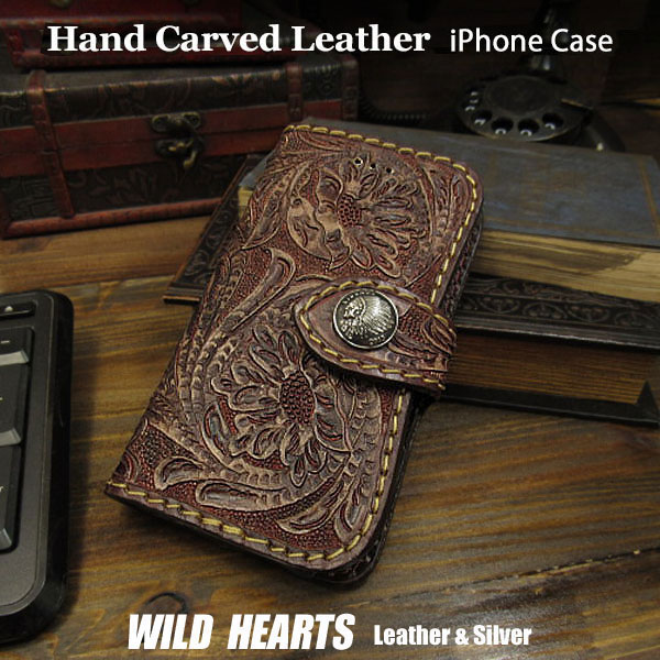 送料無料 iPhoneケース スマホケース 手帳型 レザーケース 本革 カービング ハンドメイド サドルレザー コンチョ付き Genuine  Leather Folder Protective Case Cover For iPhone WILD HEARTS Leather&Silver  (ID 