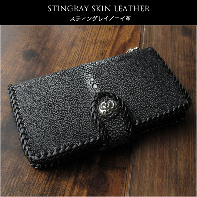 スティングレイ エイ革 iPhoneケース 手帳型 アイフォン ガルーシャ スマホケース レザー 本革 コンチョ付き Stingray Skin  Leather Folder Protective Case Cover For iPhone WILD HEARTS  Leather&Silver(ID