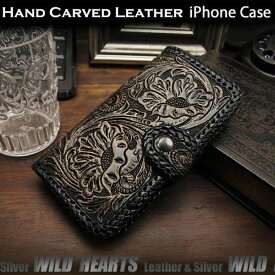 送料無料 iPhoneケース スマホケース 手帳型 レザーケース カービング ハンドメイド サドルレザー マグネット Genuine Leather Folder Protective Case Cover For iPhoneWILD HEARTS Leather&Silver (ID ip2578r101)