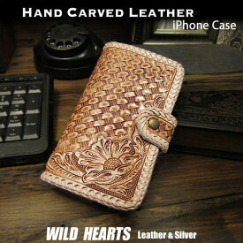 送料無料 iPhoneケース スマホケース 手帳型 本革 レザーケース カービング ハンドメイド サドルレザー ナチュラル マグネット付き Genuine Leather Folder Protective Case Cover For iPhone Natural WILD HEARTS Leather＆Silver(ID ip2960r25)