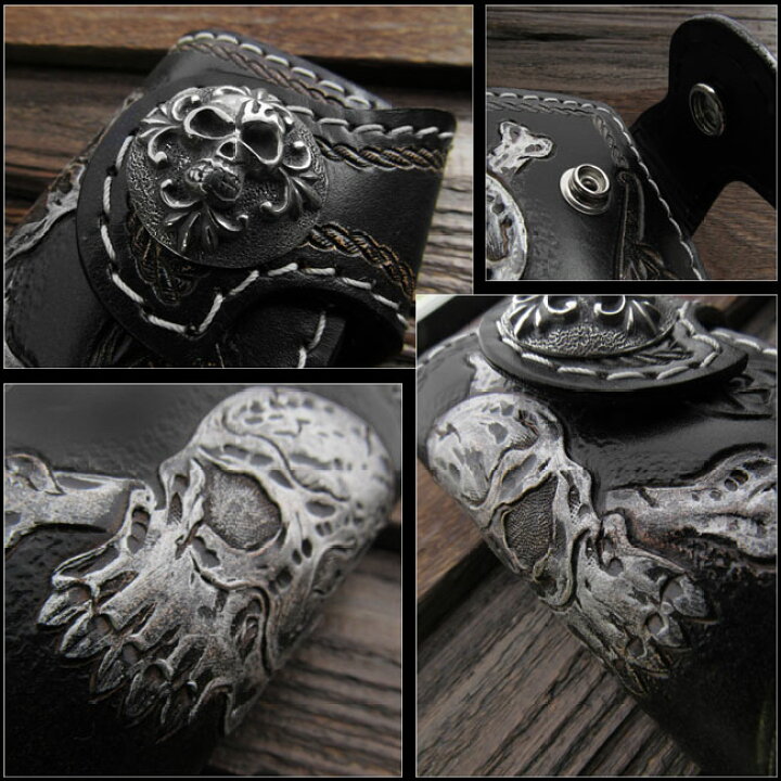 レザー 本革 キーケース キーホルダー スカルカービング ドクロ スカル ブラック SkullCrossbones Carved  Genuine Leather key case holder BlackWILD HEARTS LeatherSilver (ID  0413r78) ワイルドハーツ