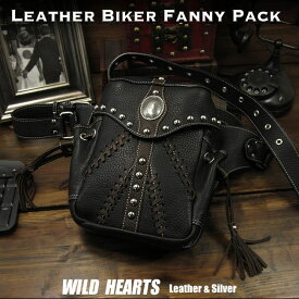 メンズ ライダーズ バイカーズ ウエストバッグ ボディバッグ レザー 本革 Men's Genuine Leather Motorcycle Hip Waist Bag Fanny PackWILD HEARTS Leather&Silver (ID wb0731b38)