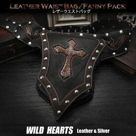 パンクスタイルのオリジナルデザイン ウエストバッグ/ヒップバッグ/本革/レザー/Men's Genuine Fanny Pack/Waist Bag WILD HEARTS leather & silver (ID wb0732b39)