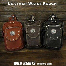 メンズ ウエストポーチ ヒップバッグ ウエストバッグ レザー/革 スタッズ付き ブラウン/ブラック Genuine Leather Biker Waist Pouch/Hip Bag/Pouch Belt Brown/Dark Brown/Black WILD HEARTS Leather&Silver (ID wp3900b13)