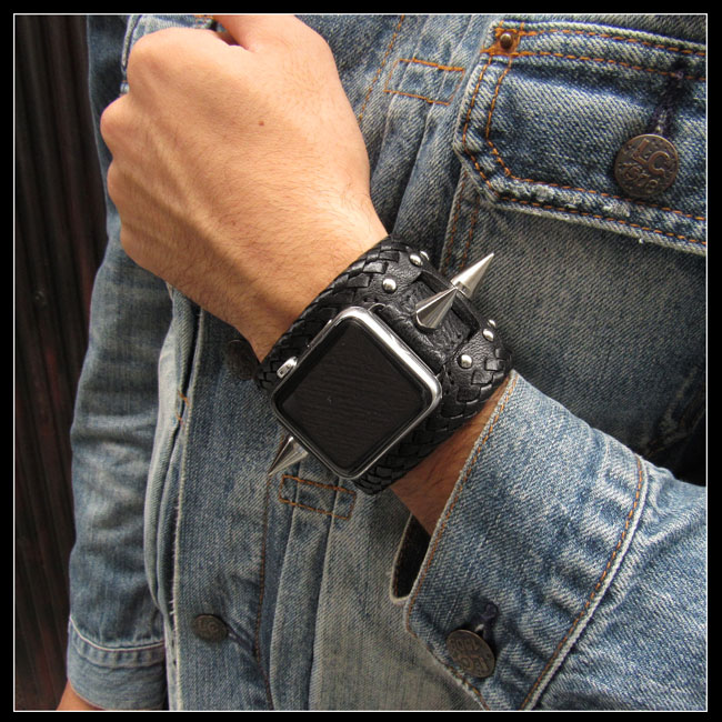 スパイクスタッズ アップルウォッチ バンド ベルト apple watch series 7,6,SE,5,4,3,2,1 革 レザー 本革  38/40/41mm 42/44/45mm パンクスタイル 馬革 Genuine Leather Watch Strap Bracelet Wrist  