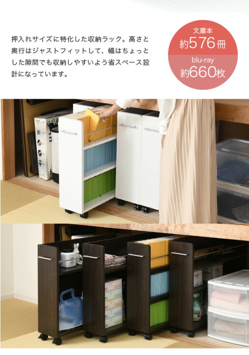 楽天市場】【代引不可】 キャスター付き 収納 押入れ ラック 本棚 4個セット 幅19.5 奥行78 .5 隙間 スリム ワゴン 棚 3段 大容量 CD DVD 本 漫画 整理 収納 スライド 収納庫 おしゃれ JK : サウスオレンジ