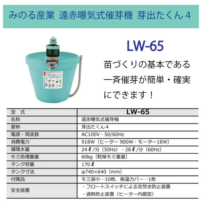 楽天市場】みのる産業 遠赤曝気式催芽機 芽出たくん4 LW-65 モミ処理 