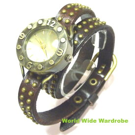 男女兼用 スタッズ本革レザー2重巻きベルトアンティーク調ウオッチ腕時計