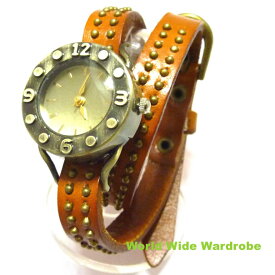 男女兼用 スタッズ本革レザー2重巻きベルトアンティーク調ウオッチ腕時計