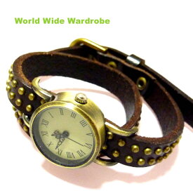 男女兼用 スタッズ本革レザー2重巻きベルトアンティーク調ローマ数字ウオッチ腕時計