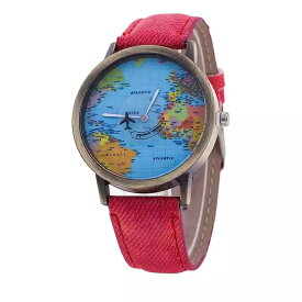 クーポン 有 世界地図 World Traveler 飛行機 ぐるぐる回るデニム風ベルトウオッチ腕時計Watchギフトプレゼント世界一周旅行 ギフト 人気 かわいい 30代 女の子