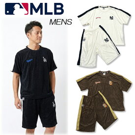 2026夏【送料無料】MLB メンズ パイル地 ルームウェア上下セット (Tシャツ&半ズボン) [M～LL] 21631YH メジャーリーグ MENS 男性 タオルパジャマ ナイトウェア 半袖 ハーフパンツ 大人 部屋着 LAドジャース SDパドレス NYヤンキース 大谷 山本 ダルビッシュ有 グッズ pghz
