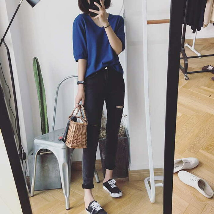 楽天市場 クーポンで10 Off Tシャツ Tシャツ カットソー Vネック 五分袖 半袖 ニットセーター カジュアル ゆったり 無地 体型カバー シンプル 春夏 秋冬 長袖 レディース 薄ニット メール便送料無料おうちコーデ アパレル Yang Gen
