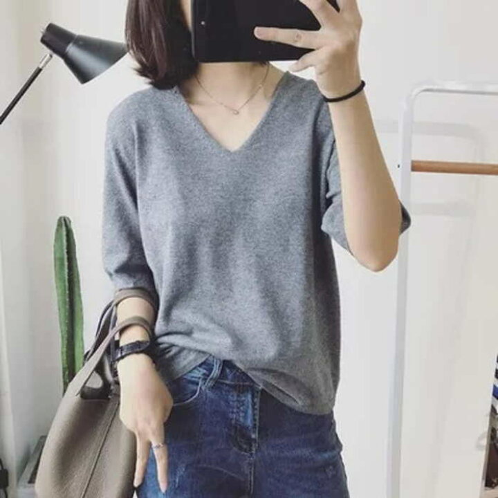 楽天市場 クーポンで10 Off Tシャツ Tシャツ カットソー Vネック 五分袖 半袖 ニットセーター カジュアル ゆったり 無地 体型カバー シンプル 春夏 秋冬 長袖 レディース 薄ニット メール便送料無料おうちコーデ アパレル Yang Gen