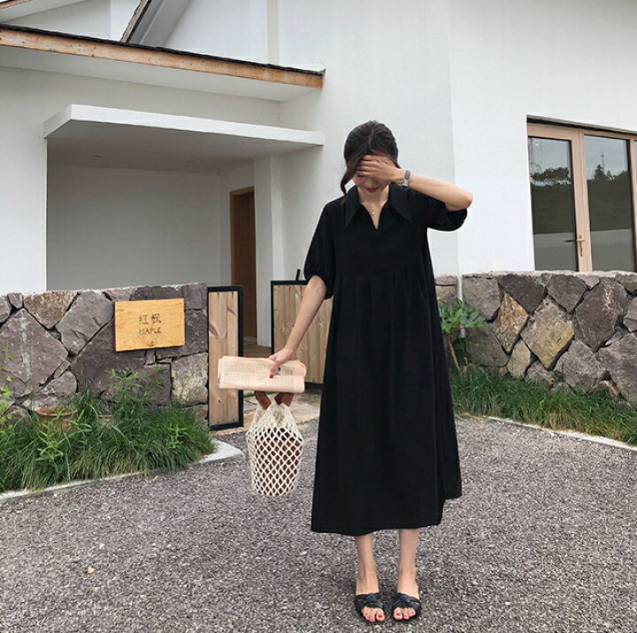 楽天市場 クーポンで10 Off 選べる２丈 ワンピース シャツワンピース シャツワンピ Aライン スキッパー ワンピ マキシ丈 レギュラー丈 ロング丈 パフスリーブ 半袖 無地 ゆったり レディース メール便送料無料おうちコーデ アパレル Yang Gen