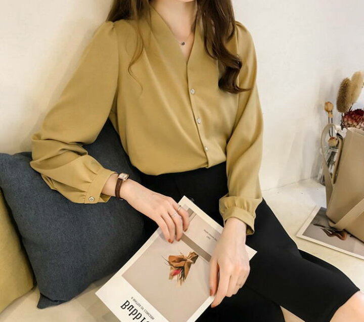 楽天市場 シャツ ブラウス スキッパー ノーカラー Vネック トップス 長袖 カラーシャツ ゆったり 無地 きれいめ レディース メール便送料無料おうち コーデ アパレル Yang Gen