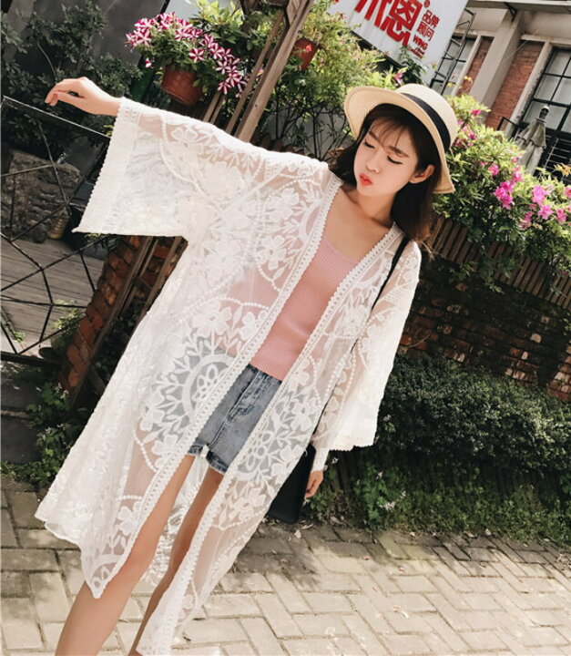 楽天市場】レース ロングカーディガン レディース ロング丈 花柄 刺繍 