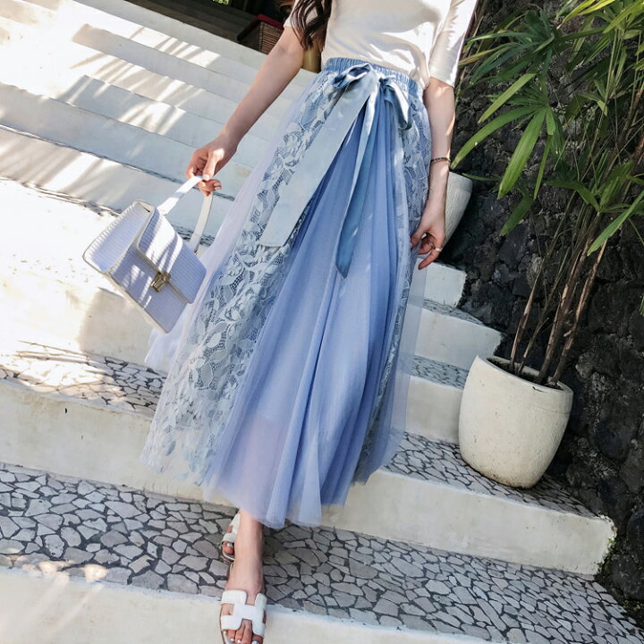 楽天市場 クーポンで10 Off ロングスカート フレアスカート Aライン レース マキシスカート リゾート ロング丈 シフォン シースルー リボン ハイウエスト レディース 春夏 メール便不可おうちコーデ アパレル Yang Gen
