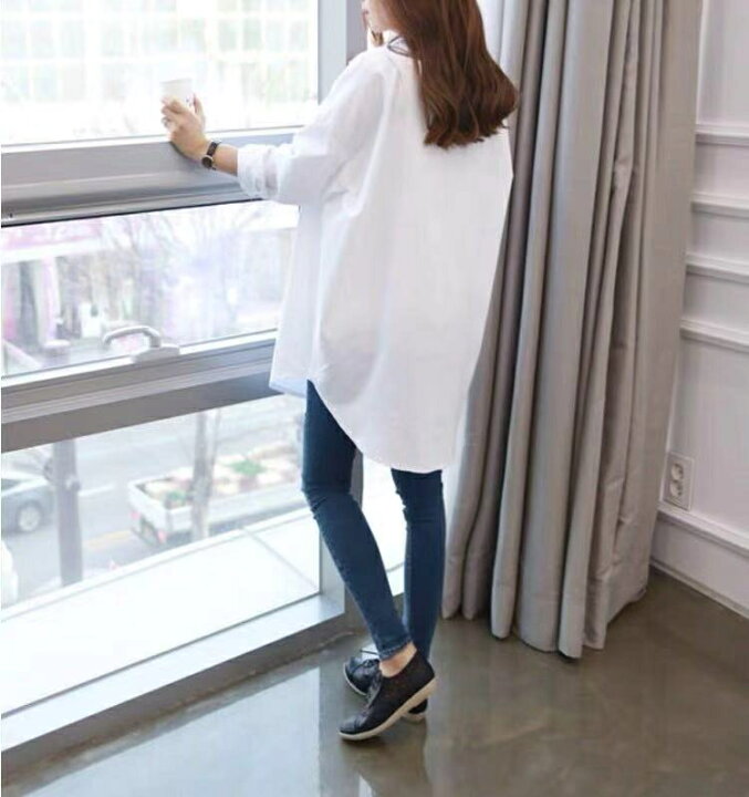 楽天市場 クーポンで10 Off シャツ ブラウス チュニックシャツ ロングシャツ 無地 長袖 ホワイト 白 ロング丈 ロールアップ レディース メール便送料無料おうちコーデ アパレル Yang Gen