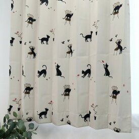 遮光カーテン かわいい猫柄 幅200cm×丈255cm1枚 オーダー 遮光カーテン アイボリー 遮光2級 日本製 プリーツが綺麗な形態安定加工 ドレープカーテン